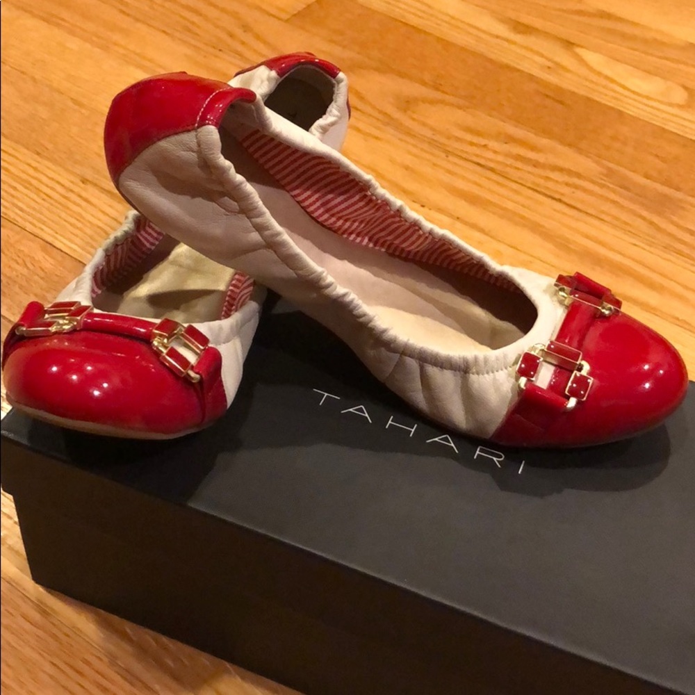 Red and off white Tahari flats